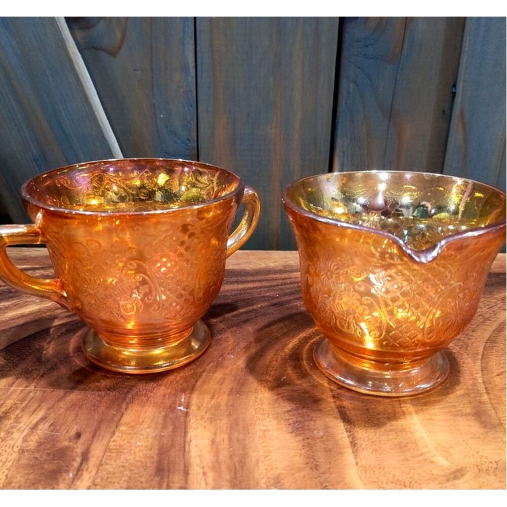 661  Normandie Marigold Carnival Glass Vintage Cream and Sugar Set